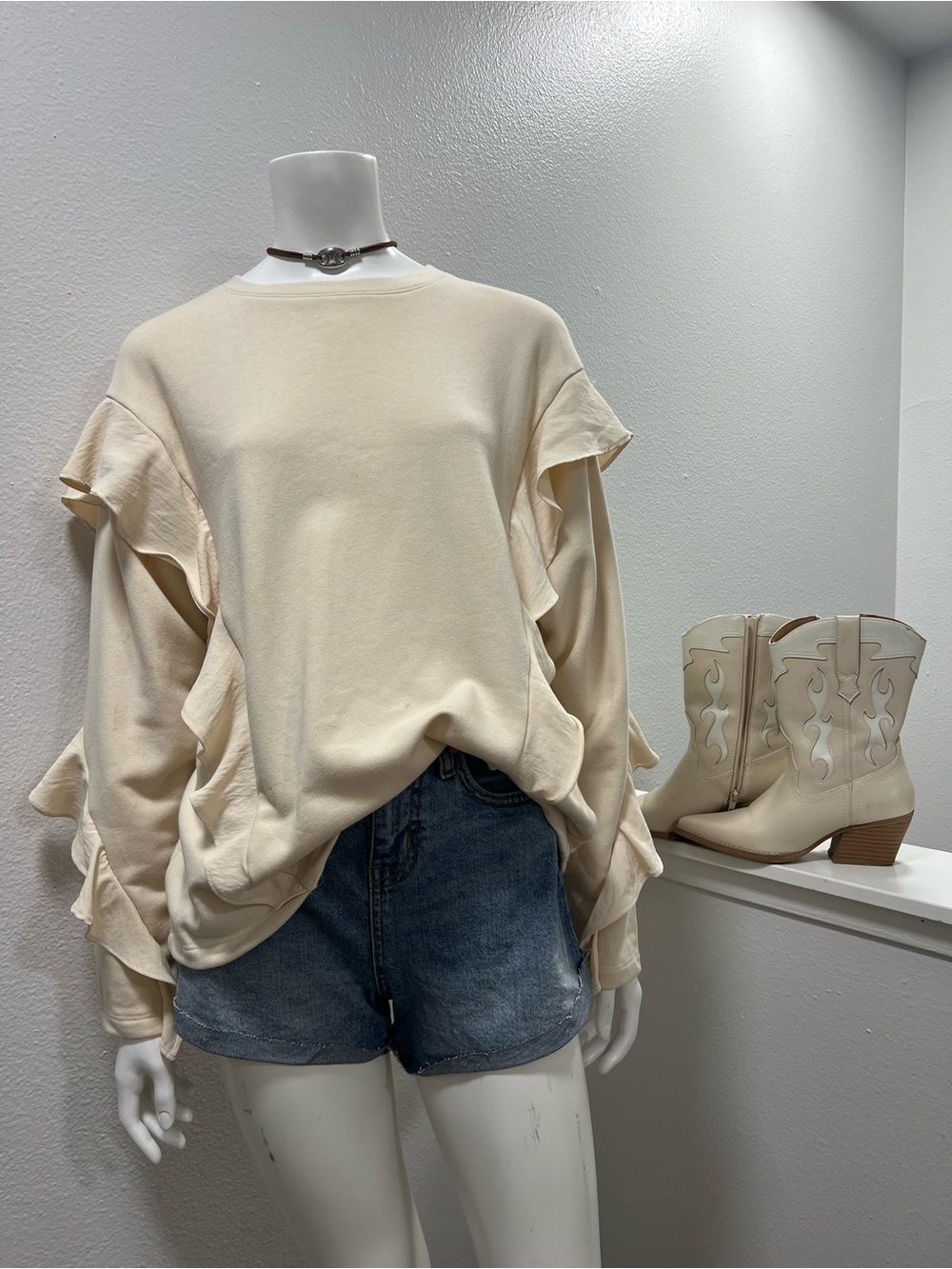 NWT A New Day Cream Ruffle Sleeve Sweatshirt Coquette Romantic Cottagecore - L